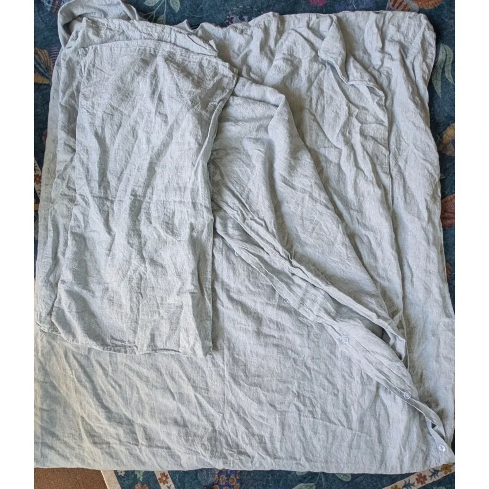 West Elm Flax Linen Duvet Cover Set Chambray Melange King Cal King Blue Gray